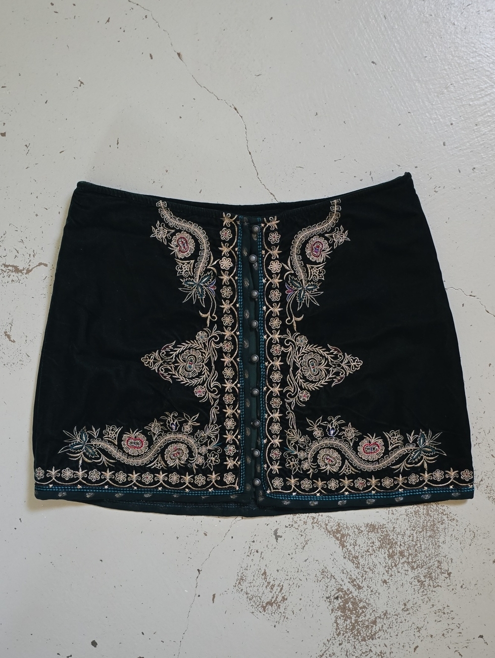 Free People Penny Lane Green Velvet Embroidered Mini Skirt Women's Size 4